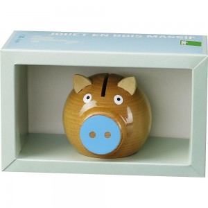 Tirelire cochon bois naturel-bleu