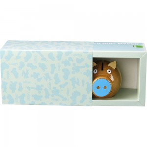 Tirelire cochon bois naturel-bleu